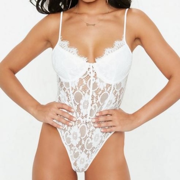White strappy Non-wired lace panel bodysuit NWT - Picture 1 of 4